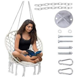 Indoor and Outdoor Use Macrame Hammock Chair with Hardware Kits and Padded Cushion