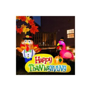 Inflatable Turkey Flamingo with Give Thanks Banner and LED Lights for Thanksgiving