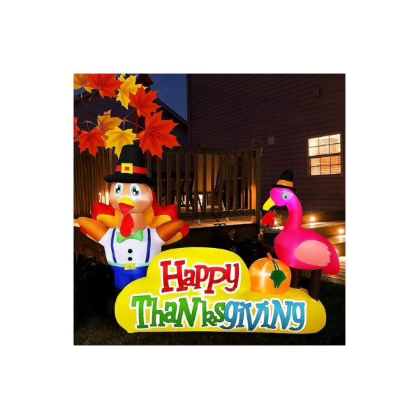 Inflatable Turkey Flamingo with Give Thanks Banner and LED Lights for Thanksgiving