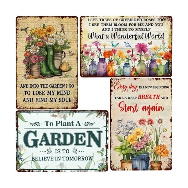 Inspire Your Gardening Spirit with This Set of 4 Metal Signs Featuring Uplifting Words