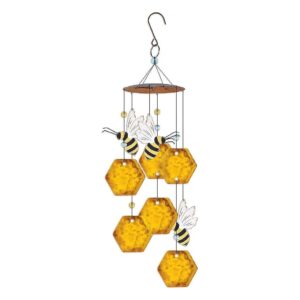 Inspired Wind Chime with Glass Honeycombs and Metal Bees, 17-Inch Country Garden Decor