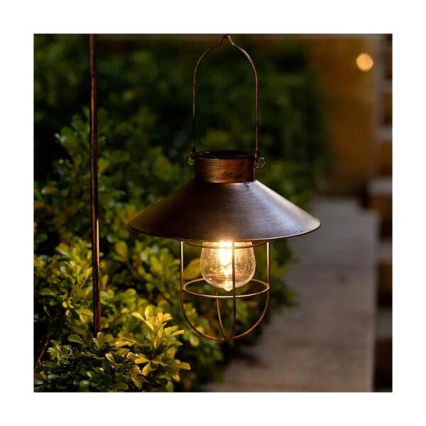 LED Solar Copper Metal Hanging Lantern with Shepherd Hook and Outdoor Garden Lighting Kit