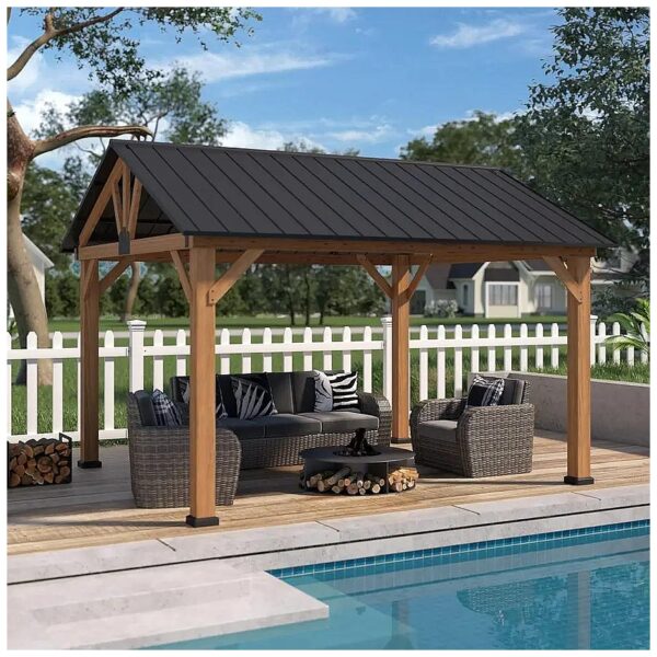 Large 11x13 Hardtop Cedar Wood Gazebo with Galvanized Steel Roof and Double Roof Design