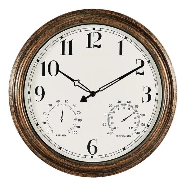 Large 16 Inch Bronze Analogue Wall Clock with Accurate Thermometer Hygrometer Combo