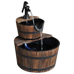 Large 2-Tier Waterfall Barrel Fountain with Electric Pump for Backyard or Garden