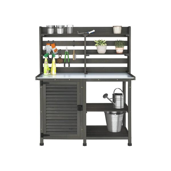 Large Dark Grey Metal Top Outdoor Potting Bench with Storage Cabinet and Multiple Shelves