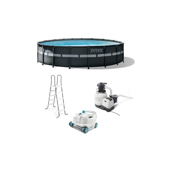 Large Gray Round Above Ground Pool Set with Powerful Rover Vacuum and Sand Filter Pump