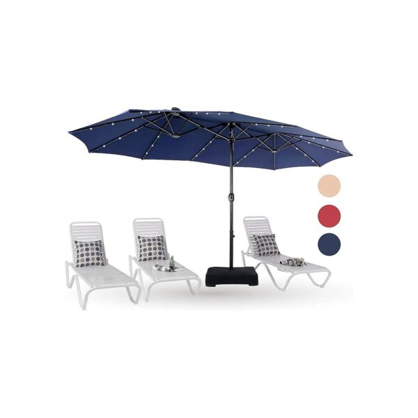 Large Navy Blue Patio Umbrella with Solar Lights and Base Included