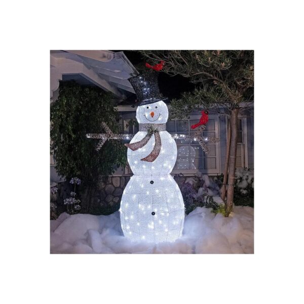 Large White Mesh Snowman Decoration with LED Lights and Bird Accents