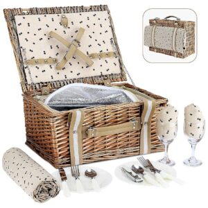 Large Wicker Picnic Basket with Insulated Cooler Bag and Waterproof Picnic Blanket