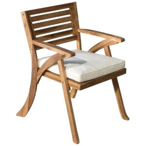 Light Brown and Cream Acacia Wood Patio Arm Chair Set with Solid Back and Frame