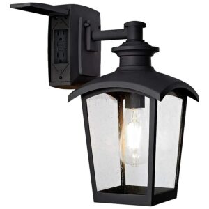 Light Outdoor Wall Lantern with Seeded Glass and GFCI Outlet in Black