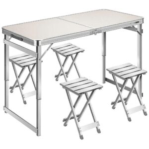 Lightweight and Portable Picnic Table with Adjustable Height and 4 Stools