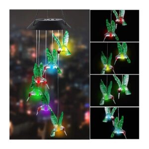 Low Heat LED Solar Wind Chime with Color Changing Glass Hummingbird Decorations