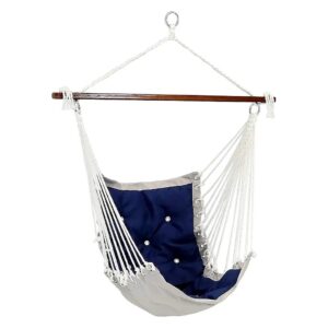 Luxurious Navy Blue Tufted Hanging Hammock Chair with Polyester Ropes 300 Pound Capacity