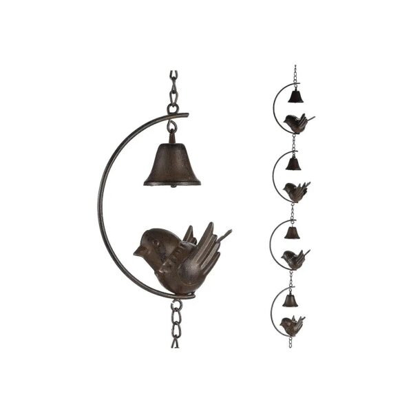 Metal Bird and Bell Rain Chain for Gutters with Brown Finish