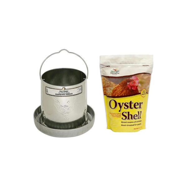 Metal Hanging Poultry Feeder for 15 lbs with Crushed Oyster Shell for Egg-Laying Chickens