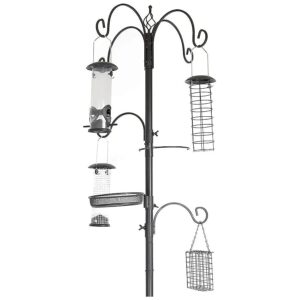 Metal Outdoor Bird Feeding Station with 6 Hooks Attracts Wild Birds and Hanging Planters