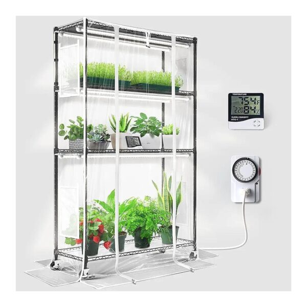 Mini Indoor Greenhouse with LED Grow Light and 6-Tier Plant Stand for Small Spaces