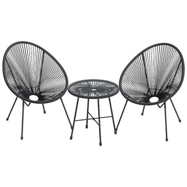 Modern Acapulco Style Patio Furniture Set in Black with Glass Top Table and 2 Chairs