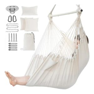 Modern Beige Hanging Chair with 2 Cushions and Pillow for Bedroom Relaxation