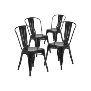 Modern Black Metal Indoor Outdoor Stackable Dining Chairs 4 Pack With Plastic Caps