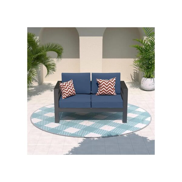 Modern Metal Loveseat Dark Grey Blue Patio Furniture 2 Seats Waterproof Sofa Cover