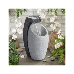 Modern Outdoor Water Fountain with Gray Black Faux Stone Design LED Light