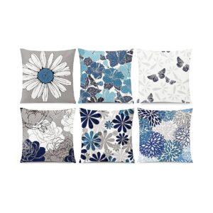 Modern Wellness Home Decor Blue Grey Daisy Patterned Pillow Covers Set of 6