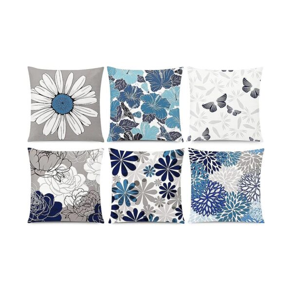 Modern Wellness Home Decor Blue Grey Daisy Patterned Pillow Covers Set of 6