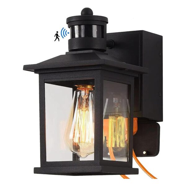 Motion Sensor Outdoor Porch Light with GFCI Outlet Built-in Black Exterior Wall Lantern