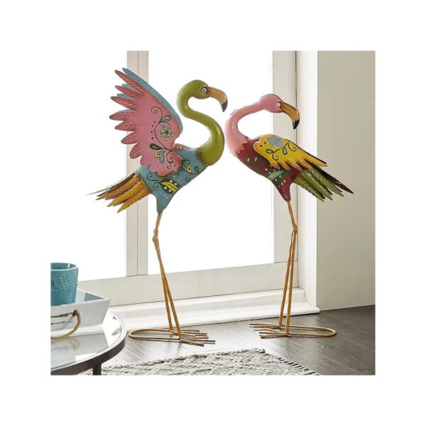 Multi Hued Metal Flamingo Garden Accent Sculptures