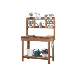 Multi-Functional Brown Potting Bench with Storage Rack and Hangers