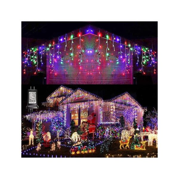 Multicolor LED Icicle String Lights with Eaves and Window Curtain Design