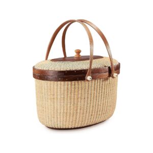 Nantucket Style Rattan Picnic Basket with Black Walnut Finish and Generous Storage Space