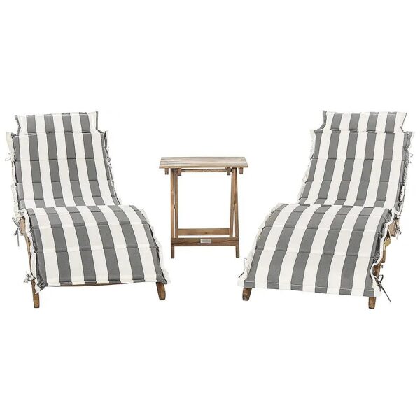 Natural Brown Solid Wood Chaise Lounge Set with Grey and White Stripe Cushion and Table