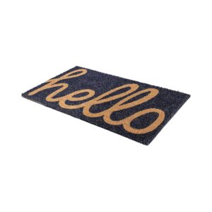 Natural Coir and Rubber Doormat for Entryway or Patio with Cursive Hello Blue Design