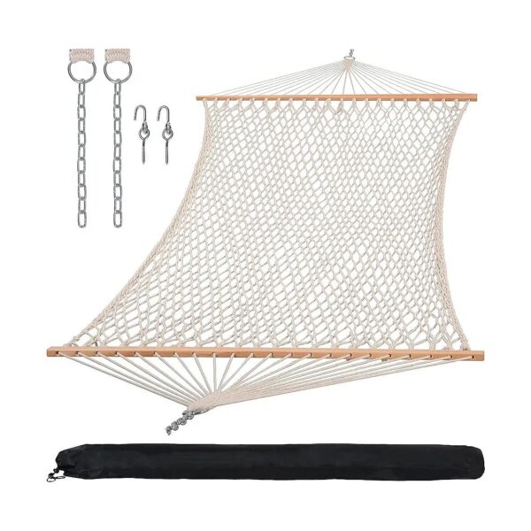 Natural Double Hammock with Thick Ropes and Hardwood Spreader Bar