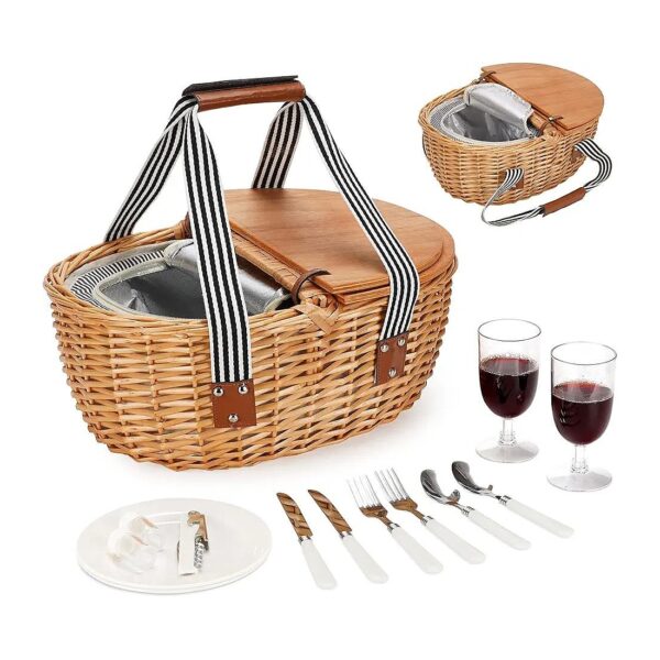 Natural Wicker Picnic Basket with Insulated Cooler and Double Lids