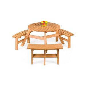 Natural Wood Circular Picnic Table for Backyard Gatherings, Seats 6 with Built-in Benches