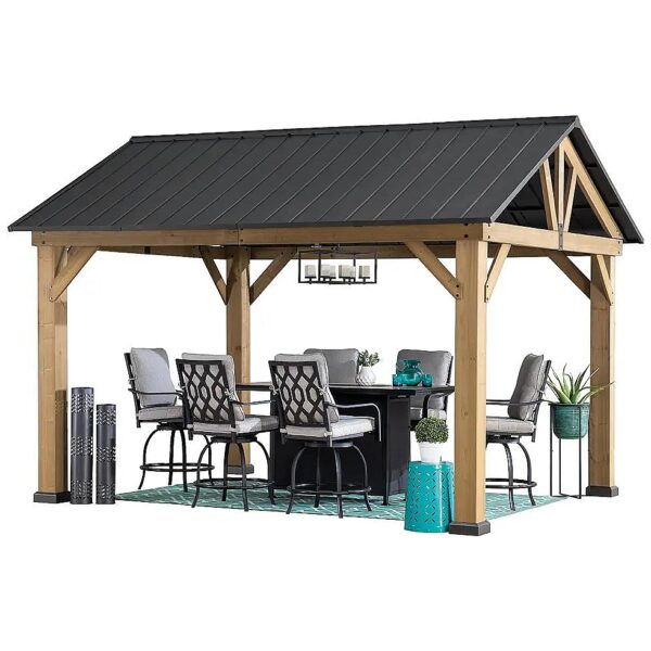 Natural Wood Frame Gazebos with Black Metal Roof for Garden and Backyard Shade Solutions