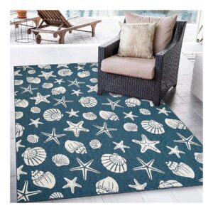 Navy Blue Coastal Nautical Area Rug with Pure Jute Backing for Patio Living Room Bedroom