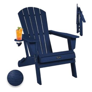 Navy Blue Folding Adirondack Chair with Cup Holder for Comfortable Outdoor Seating