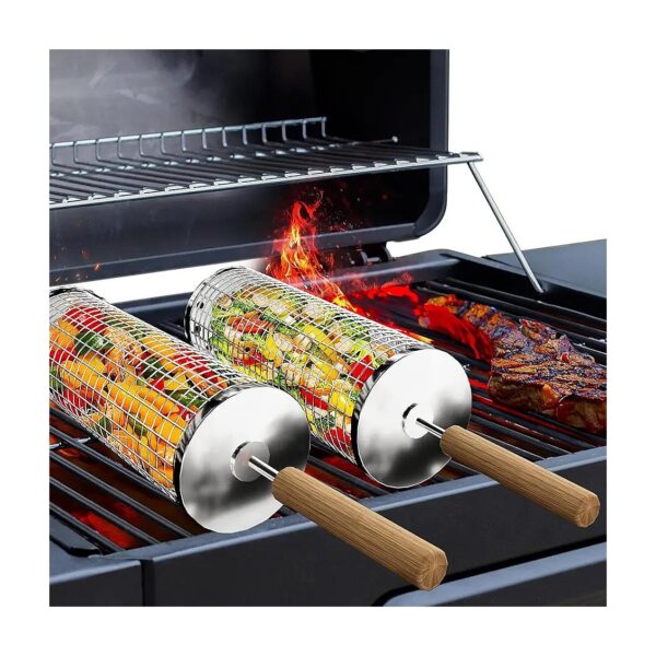 Nesting Grill Baskets with Rolling Wire Mesh and Removable Wooden Handles for Grilling