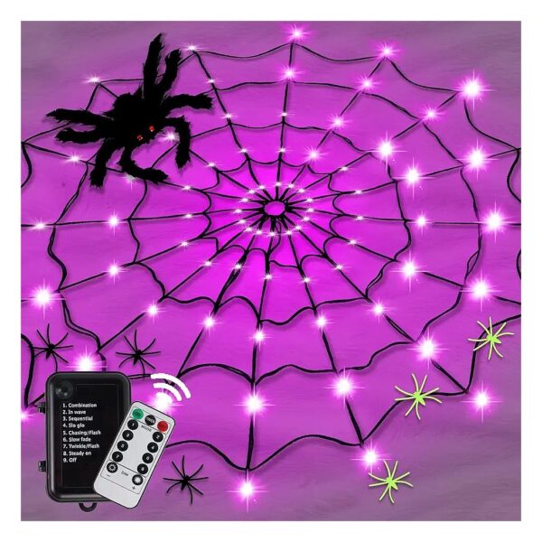 Orange Halloween Spider Web Lights with Decorative Spiders and LED Lighting