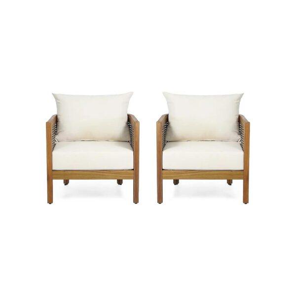 Outdoor Acacia Wood Club Chairs with Water-Resistant Beige and Brown Cushions