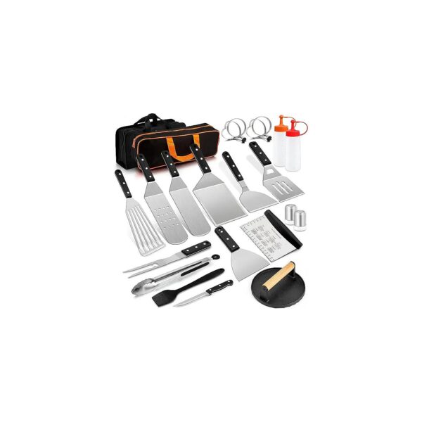 Outdoor BBQ and Teppanyaki Grill Tool Kit with Metal Spatulas and Carrying Bag