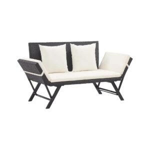 Outdoor Black Poly Rattan Bench with Adjustable Armrest for Patio Decor