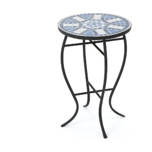 Outdoor Furniture Blue White Ceramic Tile Side Table with Iron Frame