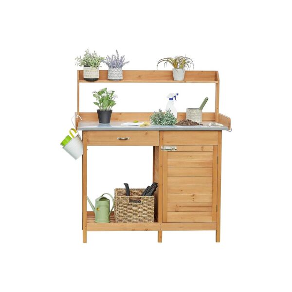 Outdoor Garden Potting Bench Metal Tabletop with Natural Wood Storage Cabinet and Shelf